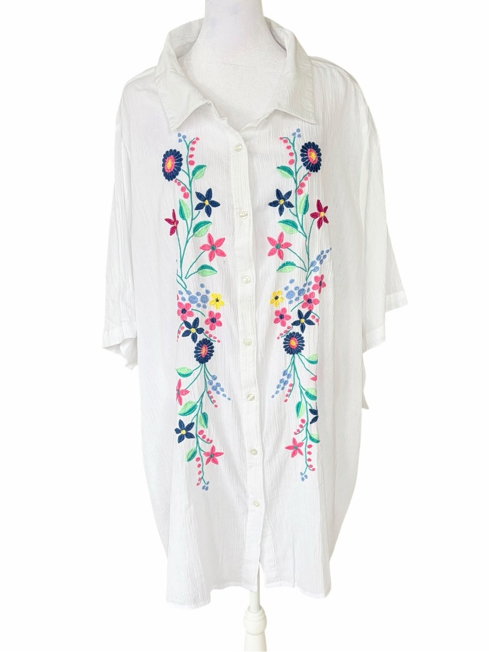 Woman Within White Button-Front Shirt with Multicolor Floral Embroidery